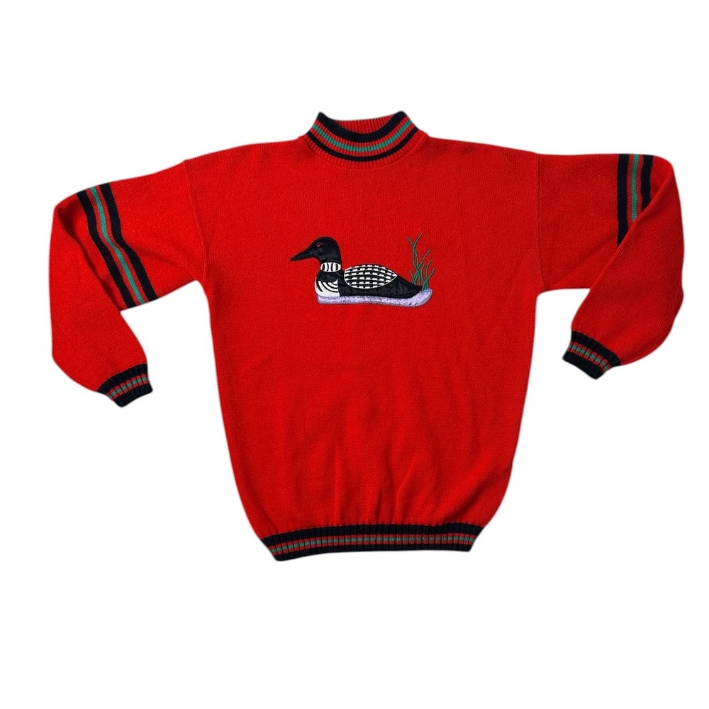 Winona Knits Vintage Loon Sweater Red Mock‎ Neck Striped Trim USA Made Large